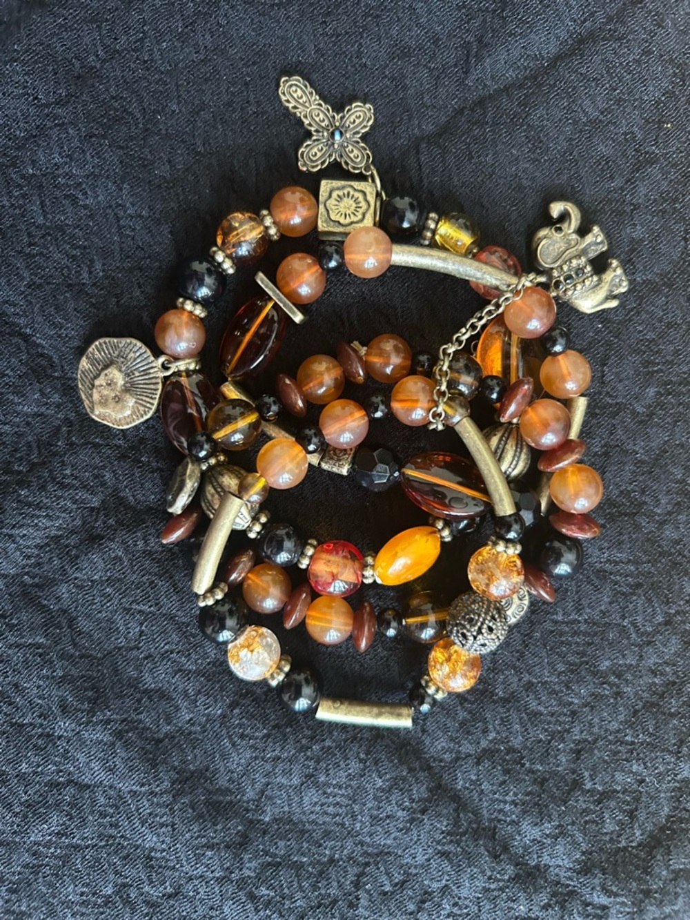 Bohemian Amber and Black Beaded Stretch Bracelet Set